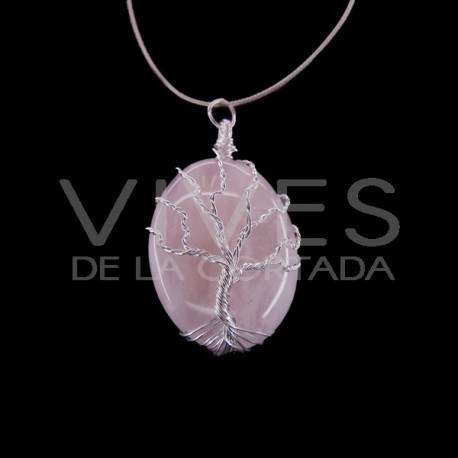Pendant of Quartz Rose and Tree Life Rhodium Plated - Silver Plated