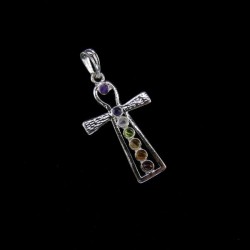Colgante Cruz Egipcia con Minerales de los Chakras - Baño de Plata