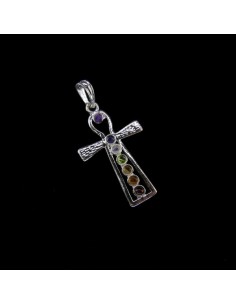 Cruz Egípcia com Pingente de Minerais Chakra - Banhado a Prata 2