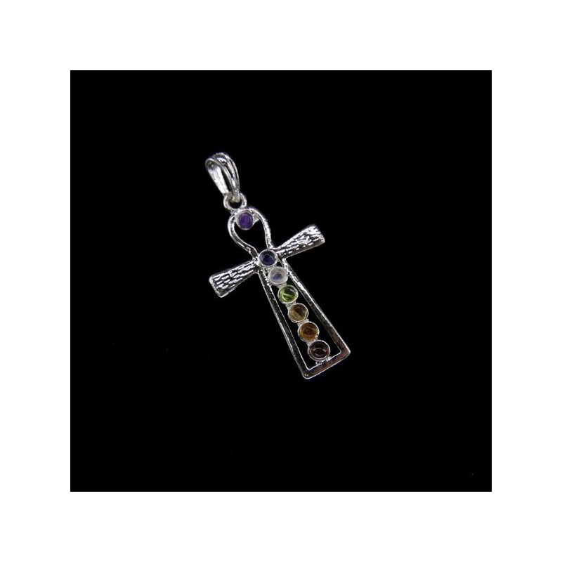 Colgante Cruz Egipcia con Minerales de los Chakras - Baño de Plata