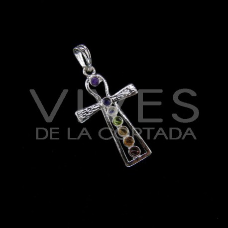 Colgante Cruz Egipcia con Minerales de los Chakras - Baño de Plata