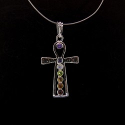 Colgante Cruz Egipcia con Minerales de los Chakras - Baño de Plata