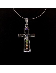 Pendentif Croix égyptienne avec minéraux de chakra - Plaqué argent