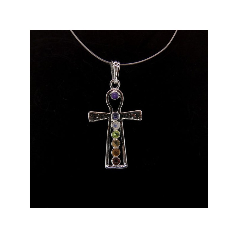 Colgante Cruz Egipcia con Minerales de los Chakras - Baño de Plata