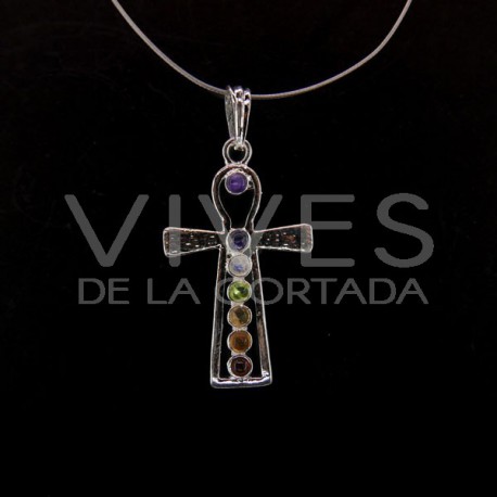 Colgante Cruz Egipcia con Minerales de los Chakras - Baño de Plata