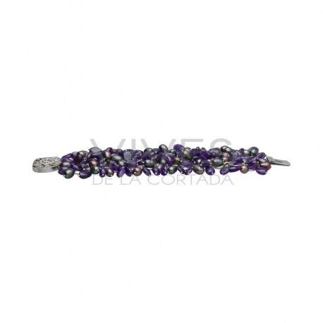Brazalete de Amatista y Perlas de Rio Gris en Plata de ley 925