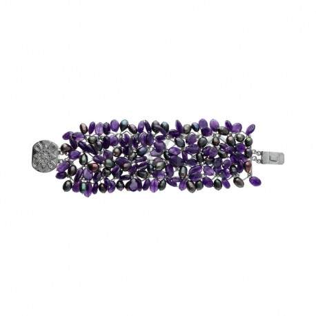 Brazalete de Amatista y Perlas de Rio Gris en Plata de ley 925