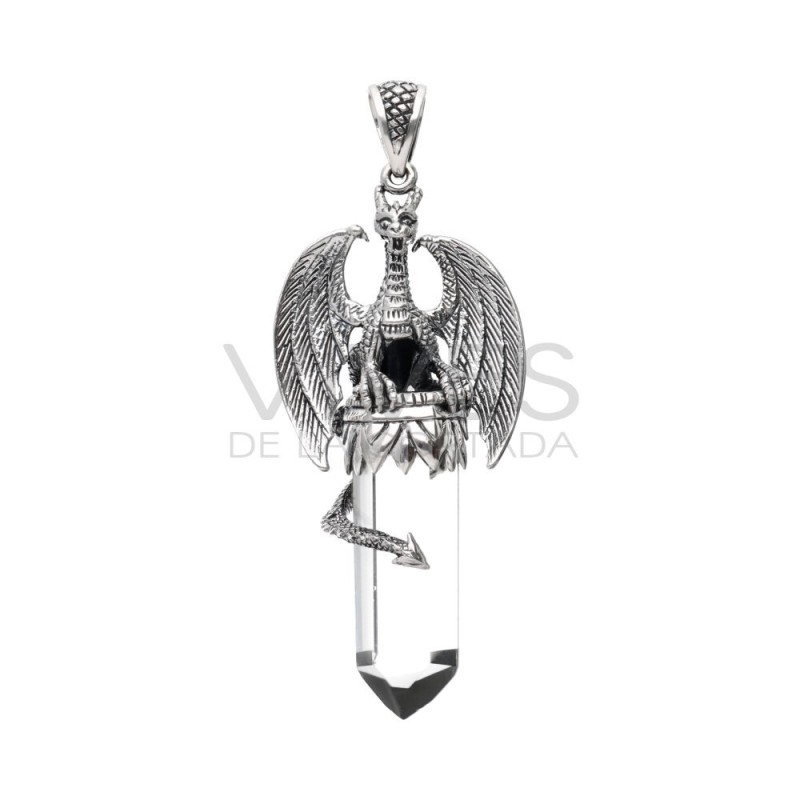 Ciondolo Drago Ali Aperte in Punta di Quarzo L in Argento Sterling 925