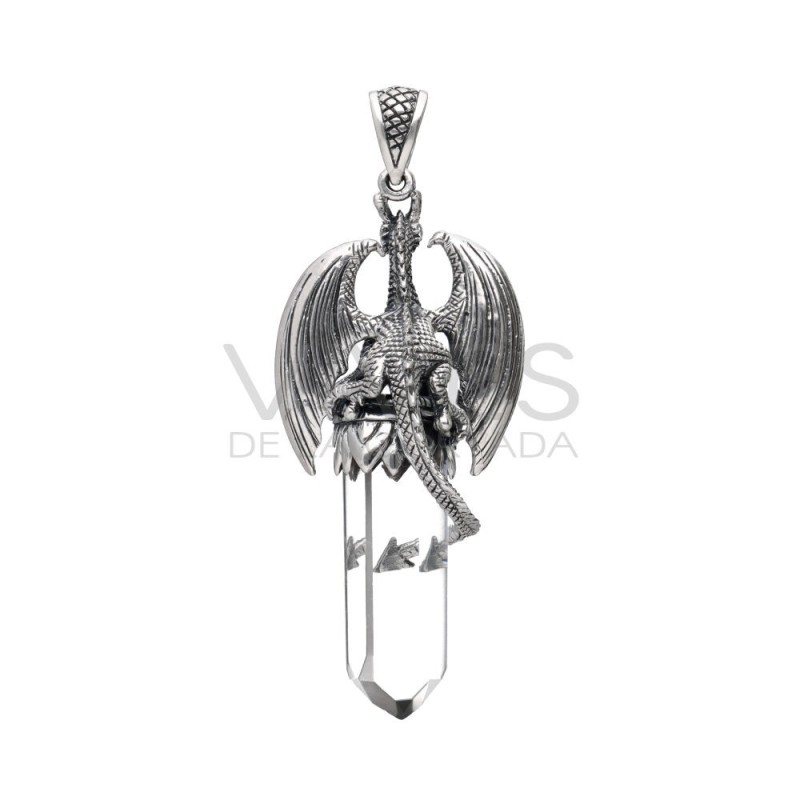 Ciondolo Drago Ali Aperte in Punta di Quarzo L in Argento Sterling 925