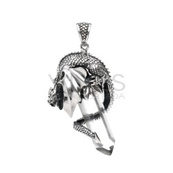 Ciondolo Drago Ali Chiuse in Punta di Quarzo in Argento Sterling 925