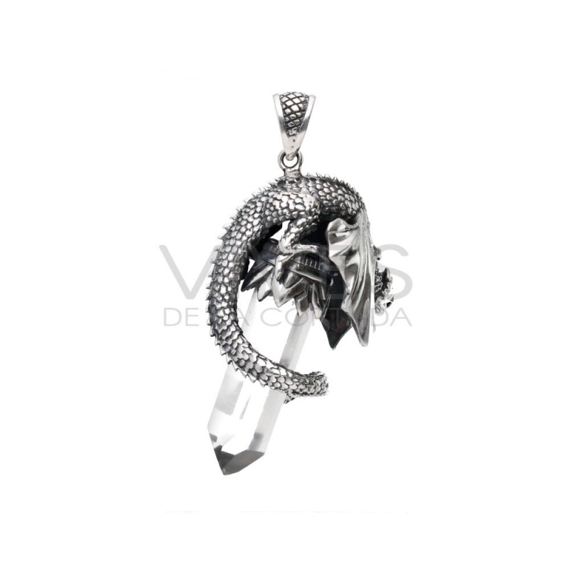 Ciondolo Drago Ali Chiuse in Punta di Quarzo in Argento Sterling 925