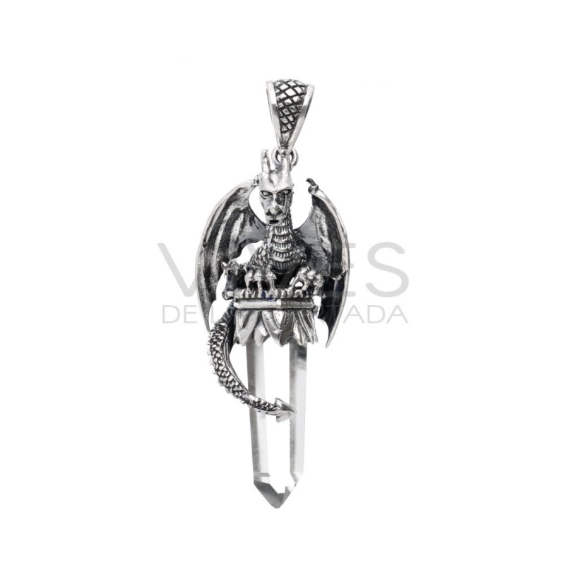 Ciondolo Drago Ali Aperte in Punta di Quarzo M in Argento Sterling 925