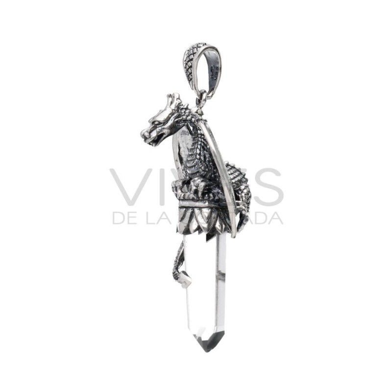 Ciondolo Drago Ali Aperte in Punta di Quarzo M in Argento Sterling 925