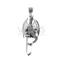 Pendentif Dragon ailé ouvert sur pointe de quartz M en argent 925