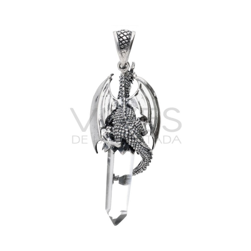 Ciondolo Drago Ali Aperte in Punta di Quarzo M in Argento Sterling 925