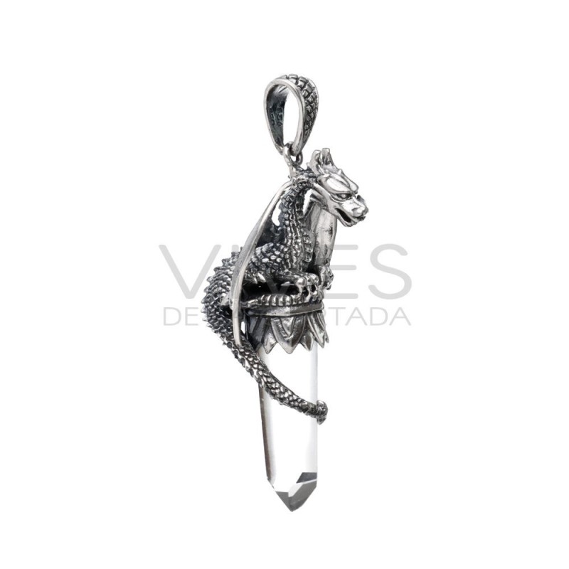 Ciondolo Drago Ali Aperte in Punta di Quarzo M in Argento Sterling 925