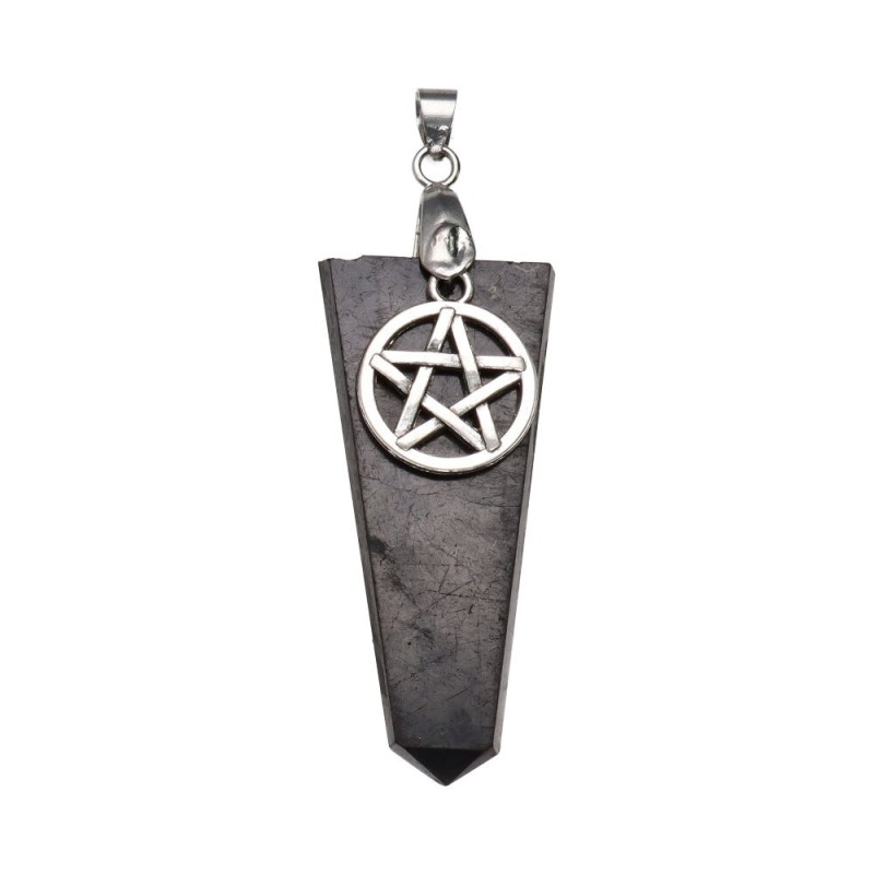 Pendente Piatto in Shungite con Pentagramma in Bagno d'Argento