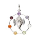 Silver Plated Ganesha Face Pendant with Chakra Minerals