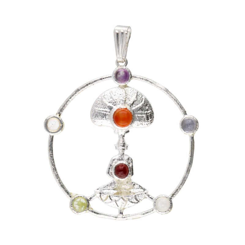 Ciondolo Buddha e Fiore di Loto con Minerali dei Chakra in Bagno d'Argento