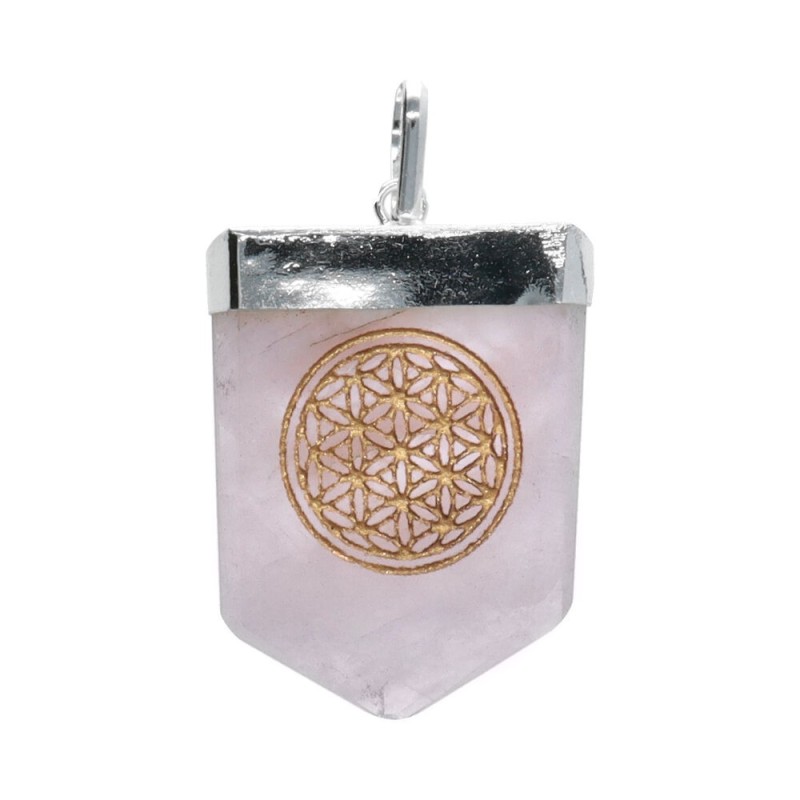 Ciondolo in Quarzo Rosa Fiore della Vita in Bagno d'Argento