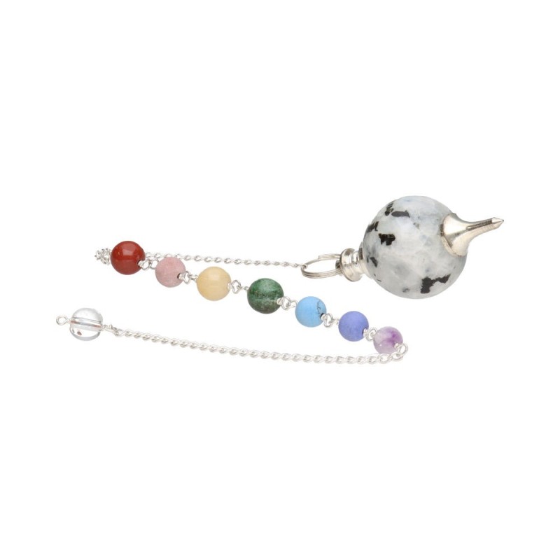 Pendolo Mermet con Pietra Luna e Chakras in Bagno d'Argento (PEND113)