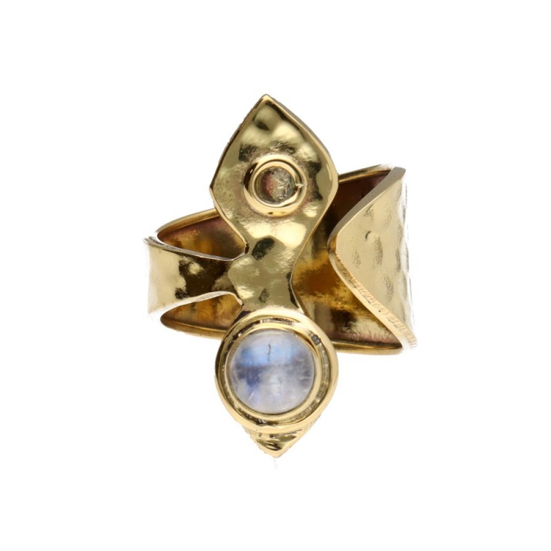 Anello in Bronzo con Pietra Luna e Rombo Regolabile