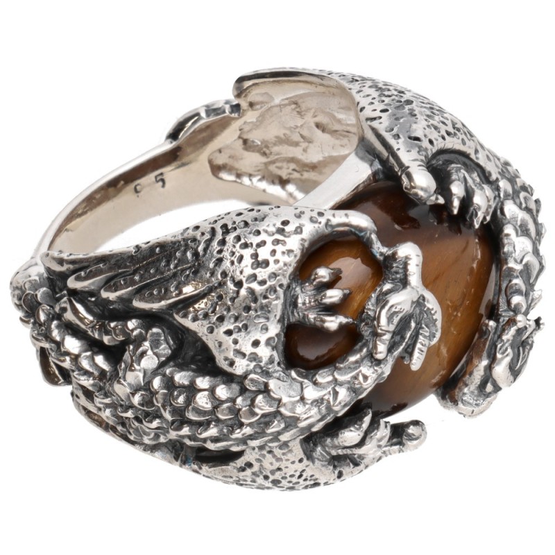Anello di Draghi con Occhio di Tigre in Argento Sterling 925