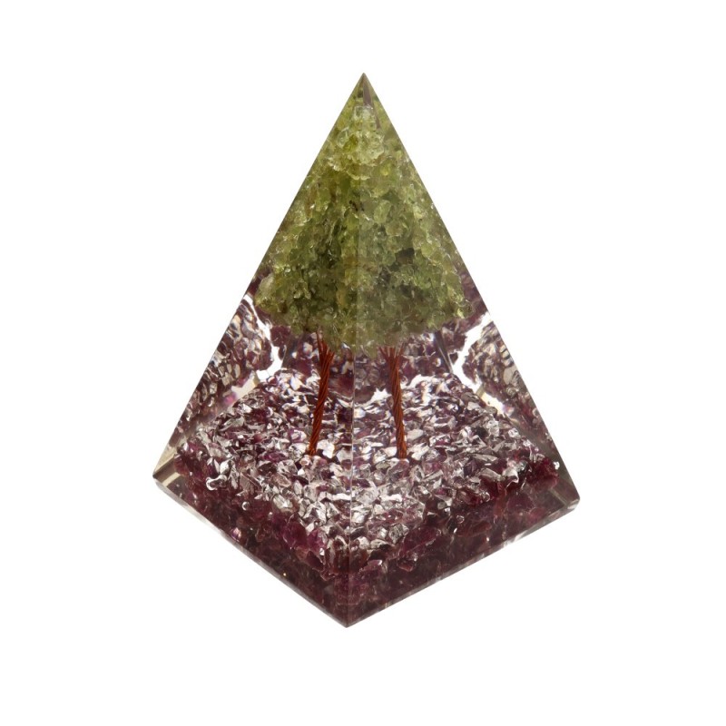 Piramide Orgonite di Rubino in Resina con Albero di Peridoto