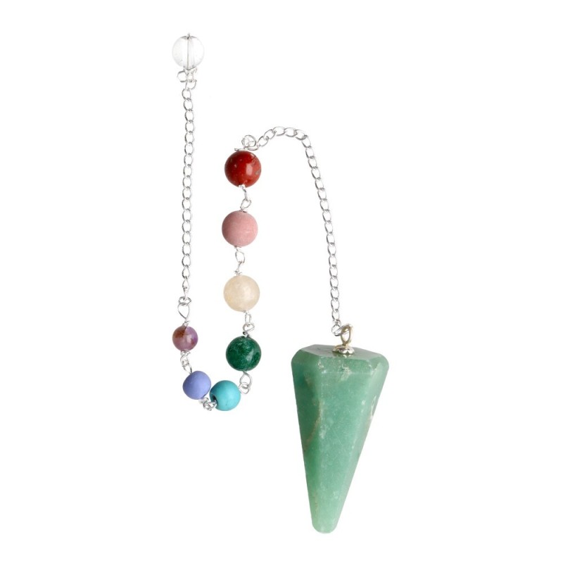 Pendolo Facettato in Quarzo Verde con Chakra in Bagno d'Argento (FAC36)