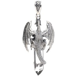 Pendentif Dragon aux ailes ouvertes sur pointe de quartz en argent 925-2
