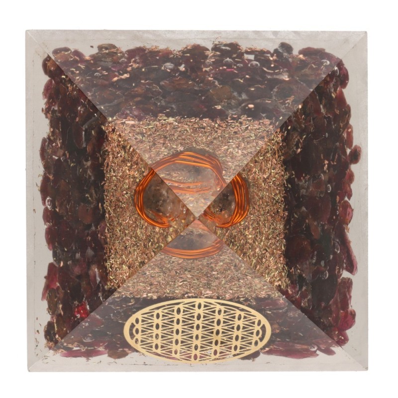 Piramide Orgonite di Granato in Resina con Fiore della Vita 7x7cm