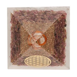Piramide Orgonite di Tormalina Rosa in Resina con Fiore della Vita 7x7cm