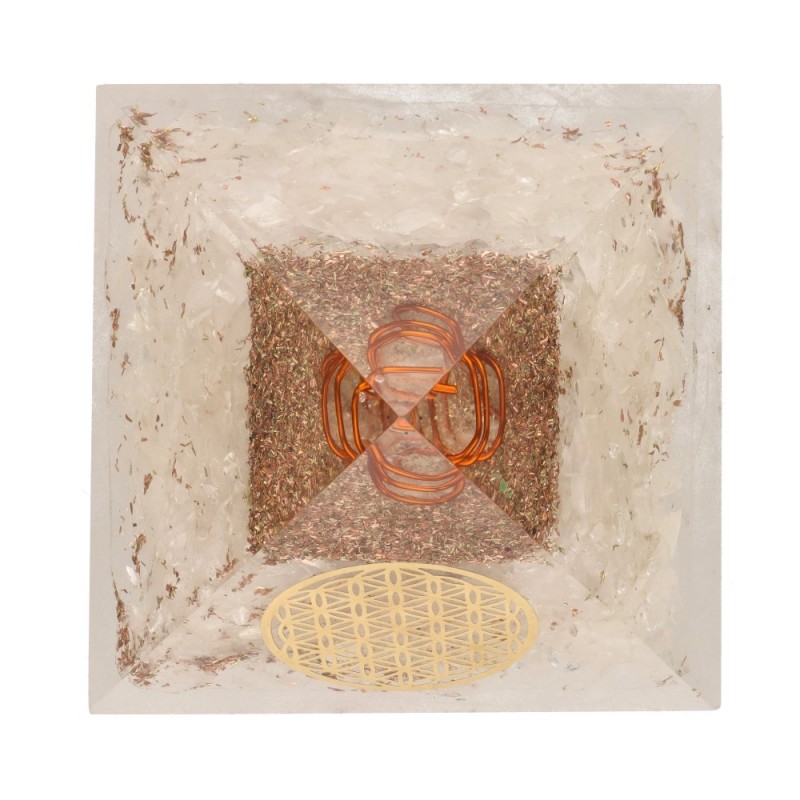 Piramide Orgonita in Resina con Cristallo e Fiore della Vita 7x7cm