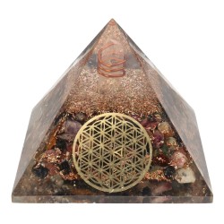Piramide Orgonite in Tormalina Bicolore in Resina con Fiore della Vita 7x7cm