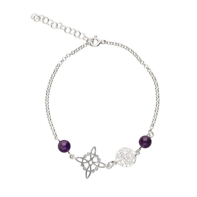 Bracciale Nodo di Strega e Tetragramma con Ametista in Argento Sterling 925