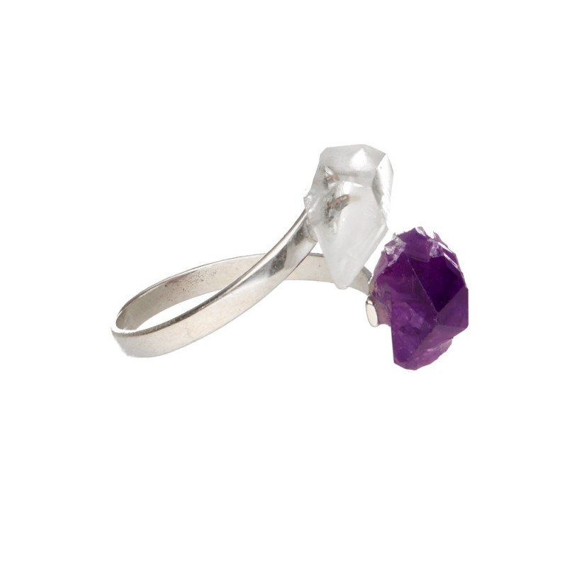 Anello in Amatista e Quarzo Grezzo in Argento