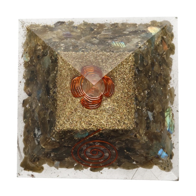 Piramide Orgonite di Labradorite in Resina con Spirale 7x7cm