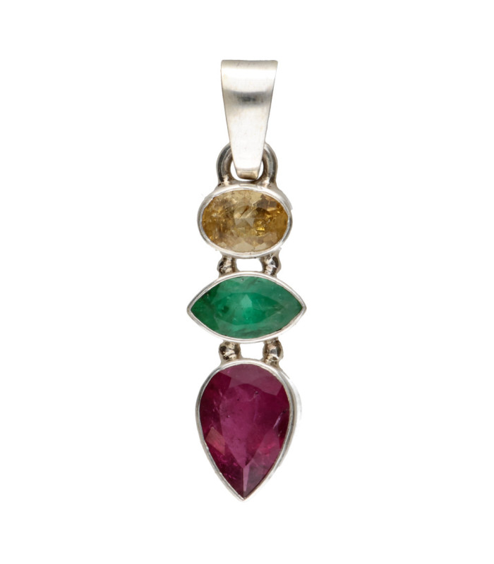 Ciondolo di Citrino, Smeraldo e Rubellite in Argento Sterling 925 (31W)