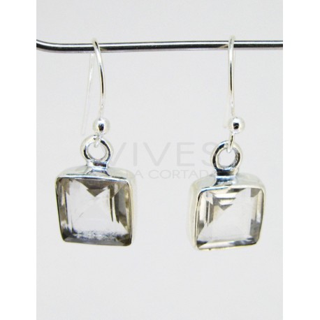 Pendientes Cuarzo Transparente Cubo Facetado 9mm - Plata de Ley 925