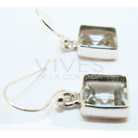 Pendientes Cuarzo Transparente Cubo Facetado 9mm - Plata de Ley 925