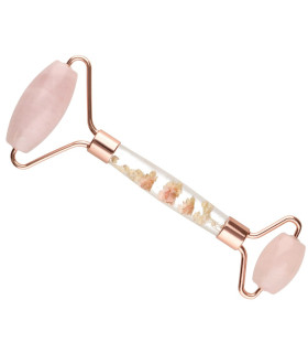 Massageador de quartzo rosa com rolo duplo e flores