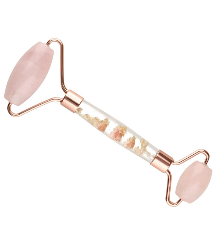 Masseur au quartz rose avec double rouleau et fleurs