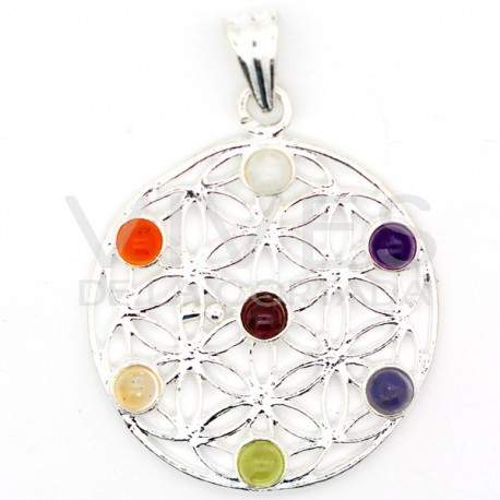 Pendant flower of life with chakra minerals (silver plated)