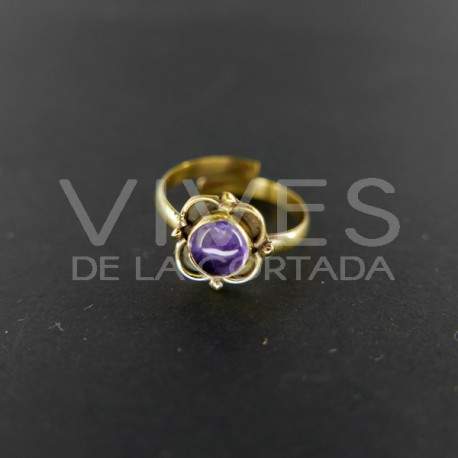 Ring adjustable Bronze Flower with Amethyst -6.1-