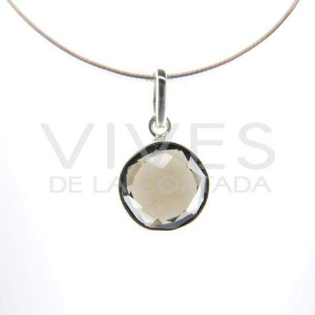 Pendant of Quartz Smoked Circle Faceted - Sterling Silver 925