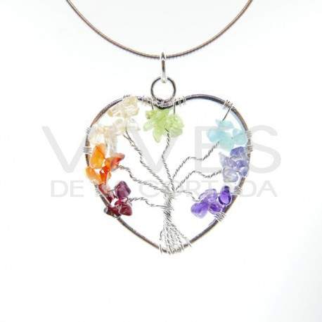 Pendentif Coeur avec chakras de l'arbre de vie - Bain d'argent