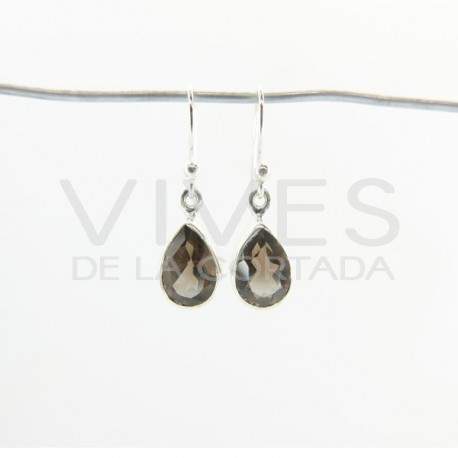 Earrings of Quartz Smoked Small Faceted Teardrop - Sterling Silver 925