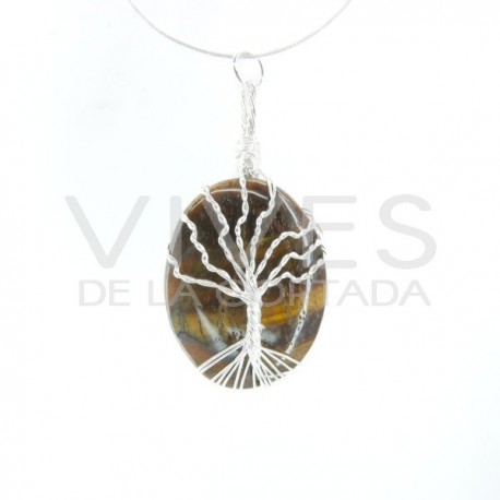 Colgante de Ojo de Tigre y Árbol Vida Rodado - Baño de Plata