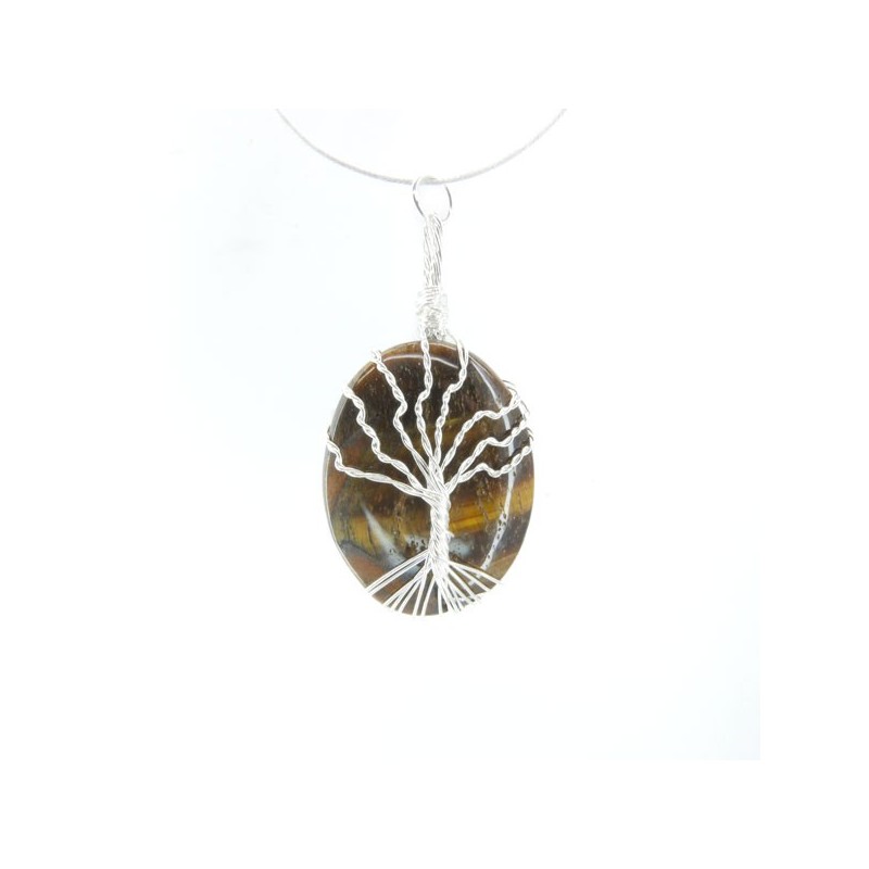 Colgante de Ojo de Tigre y Árbol Vida Rodado - Baño de Plata